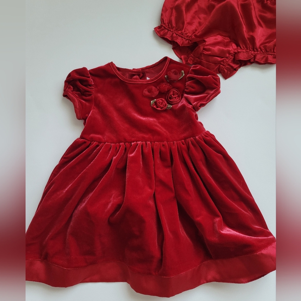 George Red Velvet Kids Dress with Floral Accents, Size 24 Months